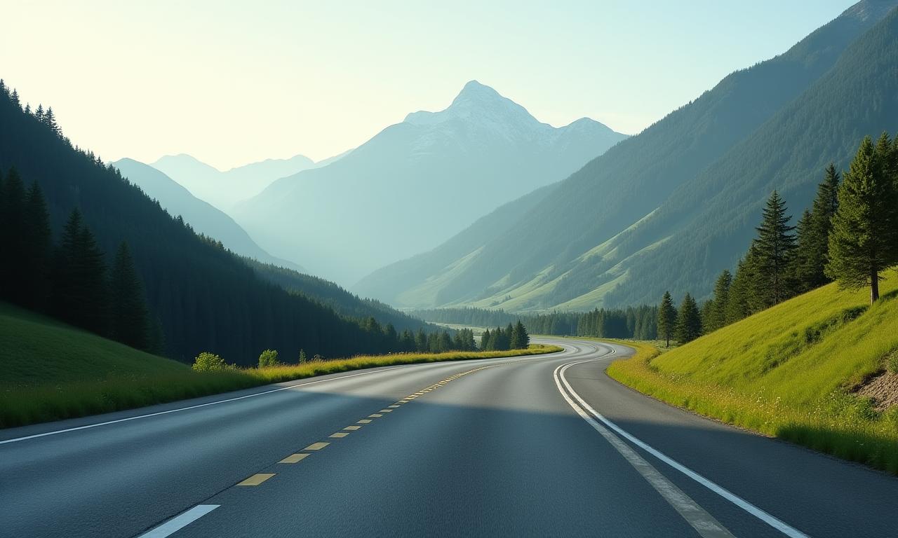 A serene highway winding through the Swiss Alps, representing peaceful driving.